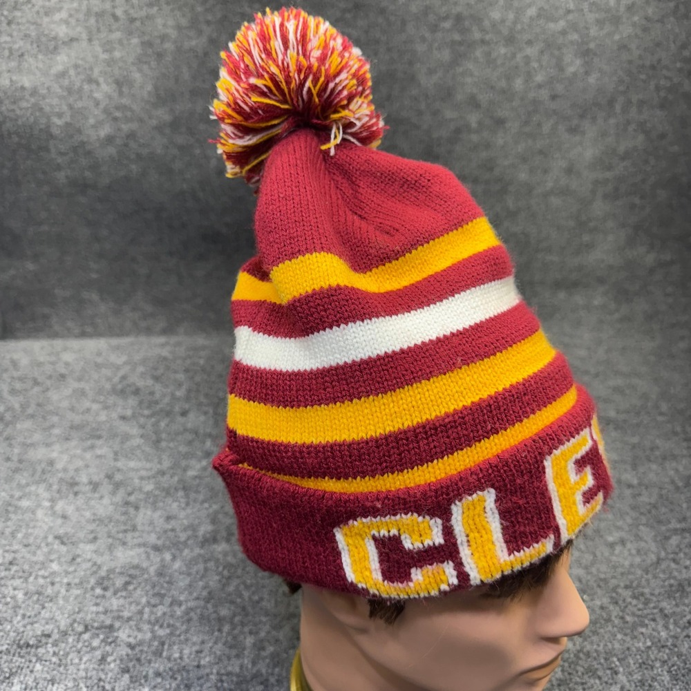 Cleveland Cavaliers Beanie OSFA Red Gold Striped Pom Pom NBA Knit Skully Hat